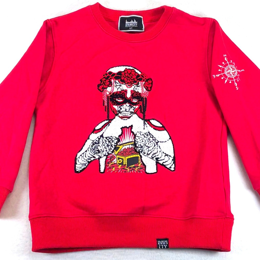 DENIMiCITY Red Streetwear Sweater Graphic Embroidered Grunge Hip Hop Boys 6/7